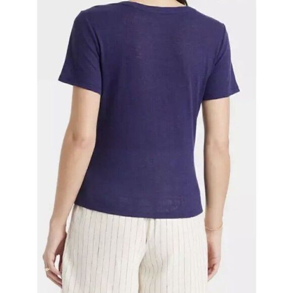 Women's Short Sleeve V-Neck Linen T-Shirt - A New Day Navy Medium. NWT. F - Picture 6 of 7